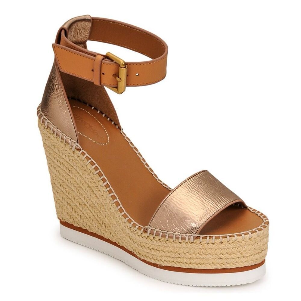 SEE BY CHLOE | Glyn Metallic Wedge Espadrille Sandals Bronze Jute White‎ | 41